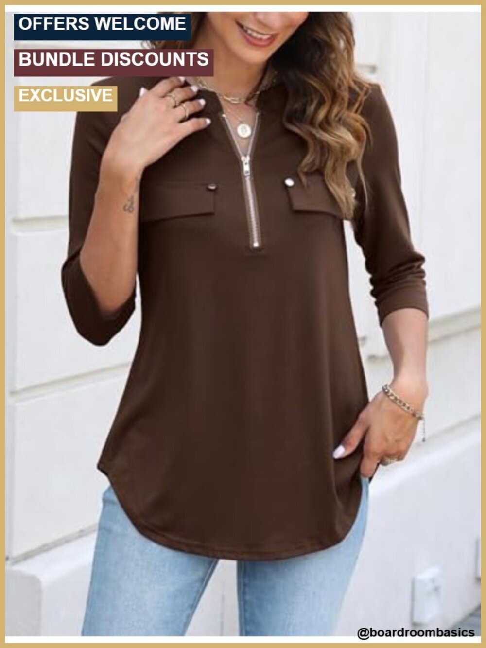 3/4 Sleeve V Neck Zip Flowy Tunic Top Blouse - Picture 3 of 5